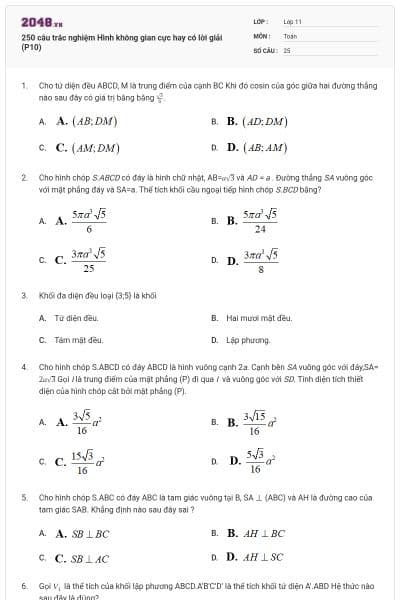 250 câu trắc nghiệm Hình không gian cực hay có lời giải (P10)