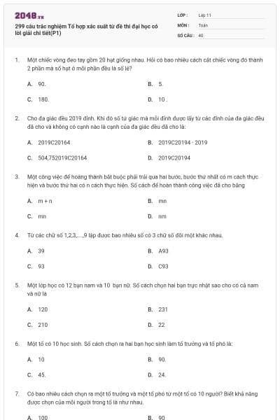 299 câu trắc nghiệm Tổ hợp xác suất từ đề thi đại học có lời giải chi tiết(P1)