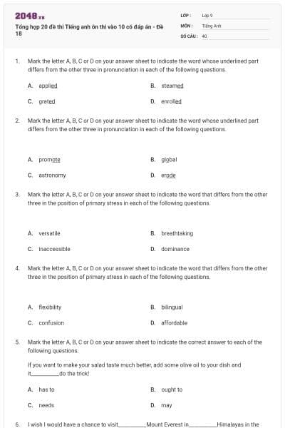 Tổng hợp 20 đề thi Tiếng anh ôn thi vào 10 có đáp án - Đề 18