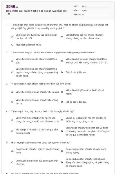 Đề kiểm tra cuối học kì 2 Vật lý 8 có đáp án (Mới nhất) (Đề 14)