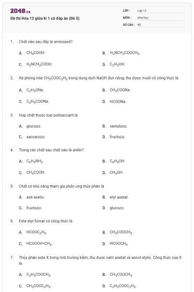 Đề thi Hóa 12 giữa kì 1 có đáp án (Đề 5)