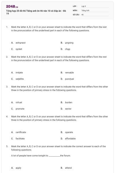 Tổng hợp 20 đề thi Tiếng anh ôn thi vào 10 có đáp án - Đề 19