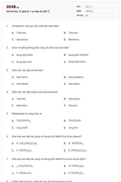 Đề thi Hóa 12 giữa kì 1 có đáp án (Đề 7)