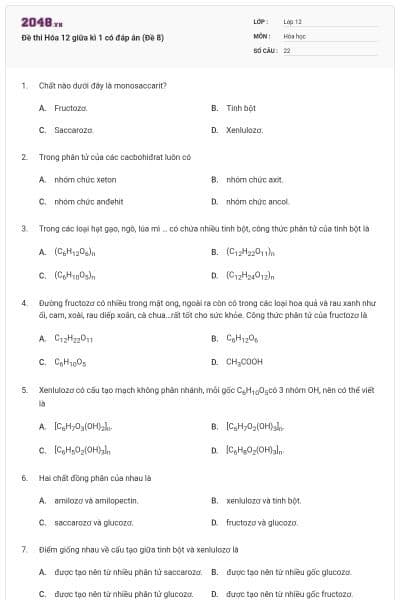 Đề thi Hóa 12 giữa kì 1 có đáp án (Đề 8)