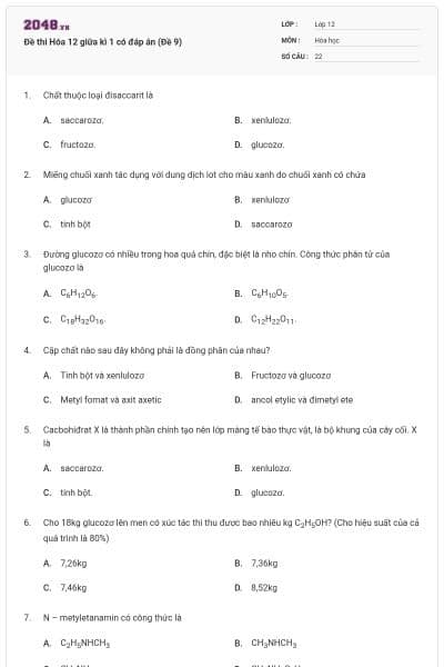 Đề thi Hóa 12 giữa kì 1 có đáp án (Đề 9)