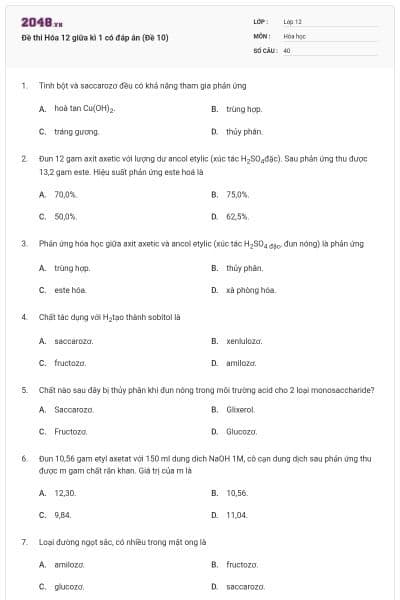 Đề thi Hóa 12 giữa kì 1 có đáp án (Đề 10)