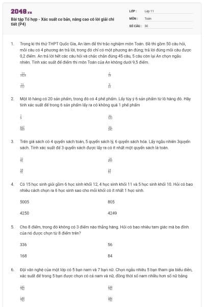 Bài tập Tổ hợp - Xác suất cơ bản, nâng cao có lời giải chi tiết (P4)