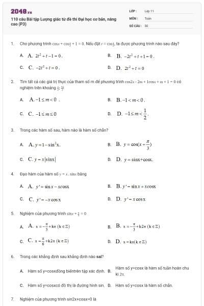110 câu Bài tập Lượng giác từ đề thi Đại học cơ bản, nâng cao (P3)
