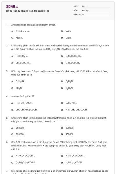 Đề thi Hóa 12 giữa kì 1 có đáp án (Đề 16)