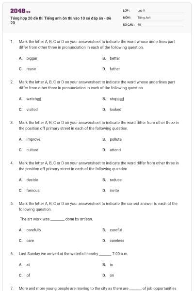 Tổng hợp 20 đề thi Tiếng anh ôn thi vào 10 có đáp án - Đề 20