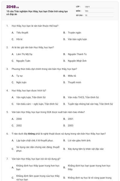 10 câu Trắc nghiệm Học thầy, học bạn Chân trời sáng tạo có đáp án