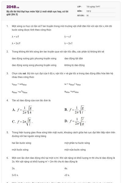 Bộ đề thi thử Đại học môn Vật Lí mới nhất cực hay, có lời giải (Đề 3)