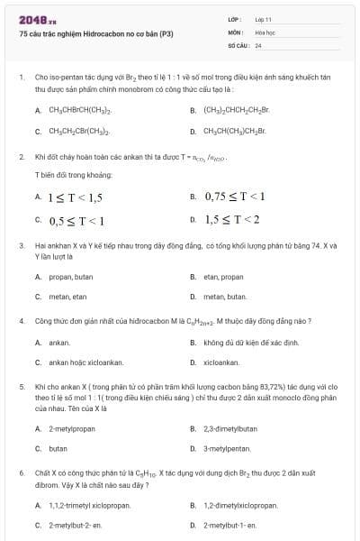 75 câu trắc nghiệm Hidrocacbon no cơ bản (P3)