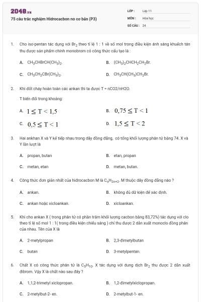 75 câu trắc nghiệm Hidrocacbon no cơ bản (P3)