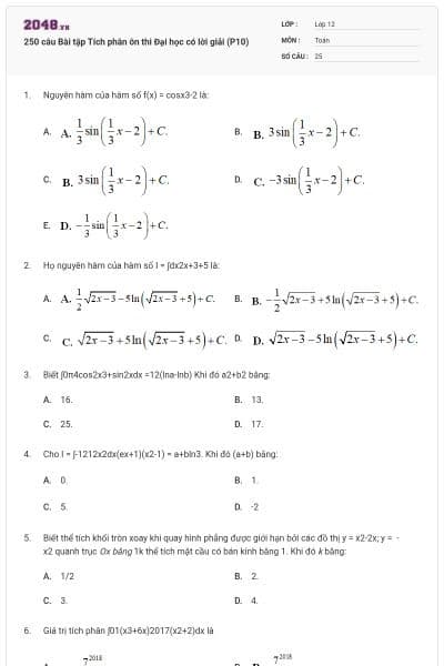 250 câu Bài tập Tích phân ôn thi Đại học có lời giải (P10)