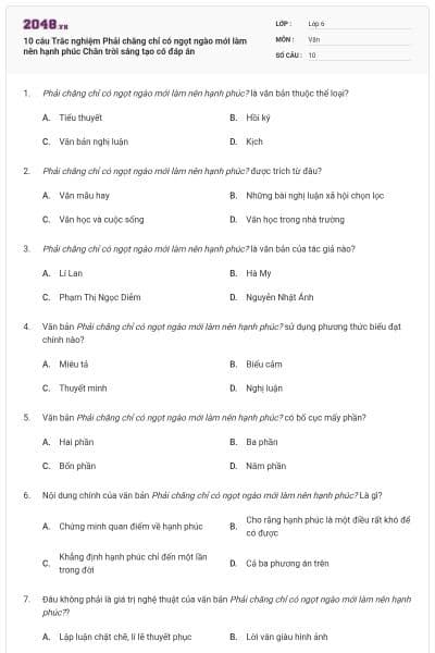 10 câu Trắc nghiệm Phải chăng chỉ có ngọt ngào mới làm nên hạnh phúc Chân trời sáng tạo có đáp án