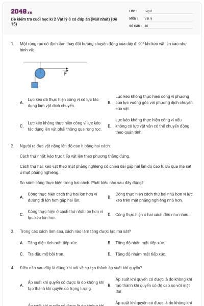 Đề kiểm tra cuối học kì 2 Vật lý 8 có đáp án (Mới nhất) (Đề 15)