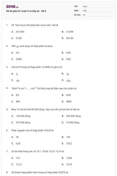 Đề thi giữa kì I toán 5 có đáp án - Đề 6