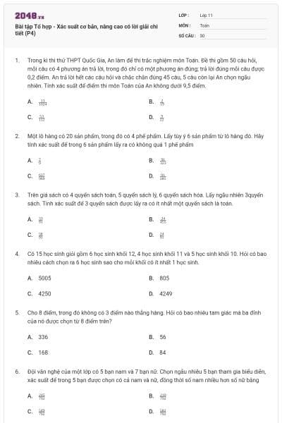 Bài tập Tổ hợp - Xác suất cơ bản, nâng cao có lời giải chi tiết (P4)