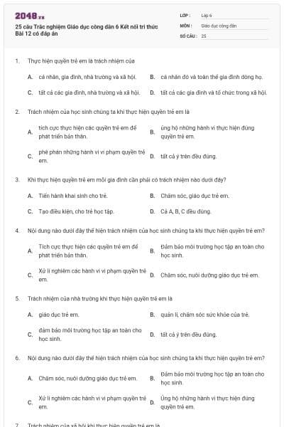 25 câu Trắc nghiệm Giáo dục công dân 6 Kết nối tri thức Bài 12 có đáp án