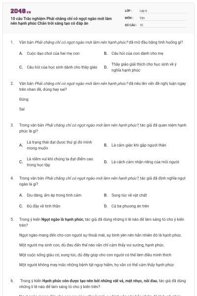 10 câu Trắc nghiệm Phải chăng chỉ có ngọt ngào mới làm nên hạnh phúc Chân trời sáng tạo có đáp án