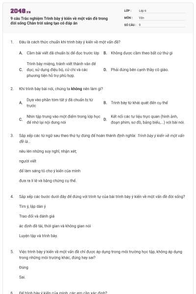 9 câu Trắc nghiệm Trình bày ý kiến về một vấn đề trong đời sống Chân trời sáng tạo có đáp án