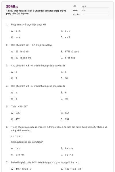 13 câu Trắc nghiệm Toán 6 Chân trời sáng tạo Phép trừ và phép chia (có đáp án)