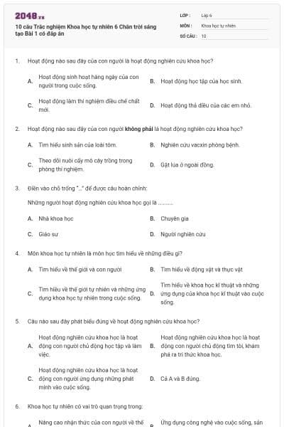 10 câu Trắc nghiệm Khoa học tự nhiên 6 Chân trời sáng tạo Bài 1 có đáp án