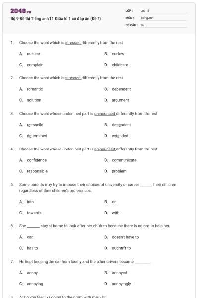 Bộ 9 Đề thi Tiếng anh 11 Giữa kì 1 có đáp án (Đề 1)