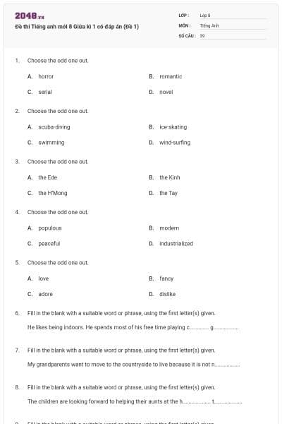 Đề thi Tiếng anh mới 8 Giữa kì 1 có đáp án (Đề 1)