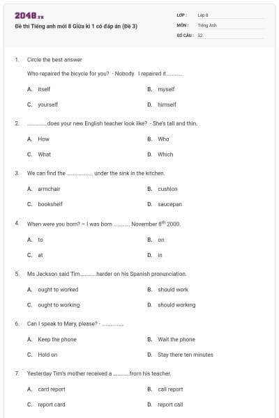 Đề thi Tiếng anh mới 8 Giữa kì 1 có đáp án (Đề 3)