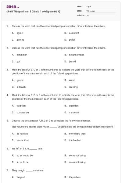 Đề thi Tiếng anh mới 8 Giữa kì 1 có đáp án (Đề 4)
