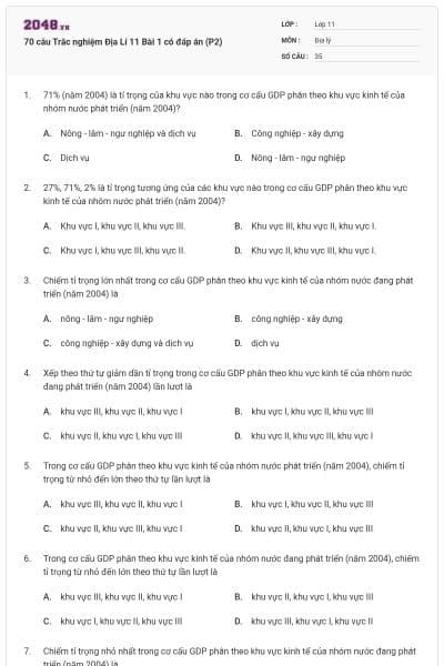 70 câu Trắc nghiệm Địa Lí 11 Bài 1 có đáp án (P2)