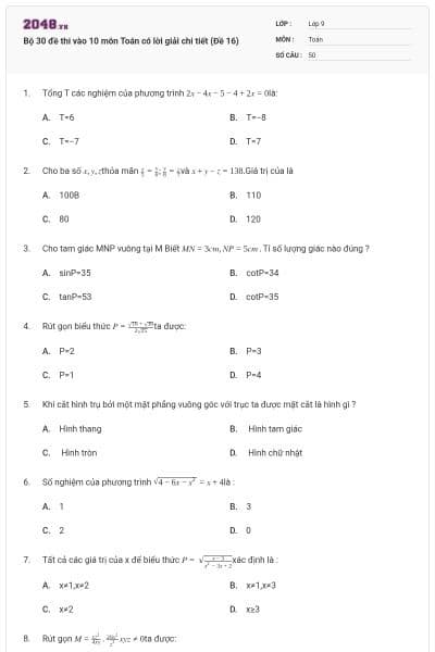 Bộ 30 đề thi vào 10 môn Toán có lời giải chi tiết (Đề 16)