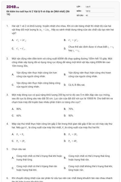 Đề kiểm tra cuối học kì 2 Vật lý 8 có đáp án (Mới nhất) (Đề 16)