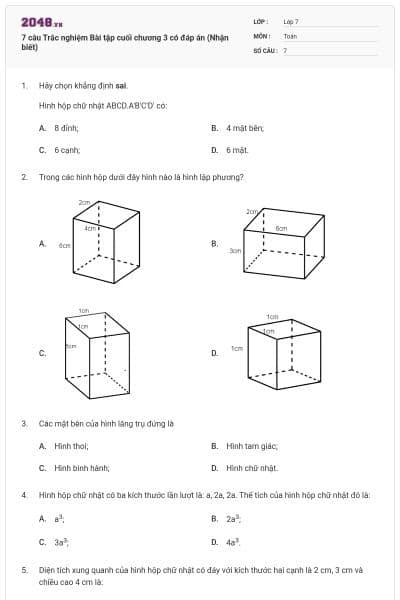 7 câu Trắc nghiệm Bài tập cuối chương 3 có đáp án (Nhận biết)
