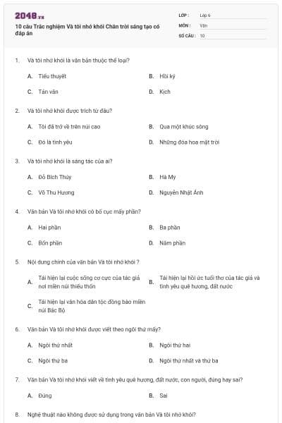 10 câu Trắc nghiệm Và tôi nhớ khói Chân trời sáng tạo có đáp án