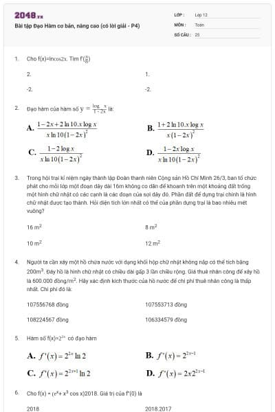 Bài tập Đạo Hàm cơ bản, nâng cao (có lời giải - P4)