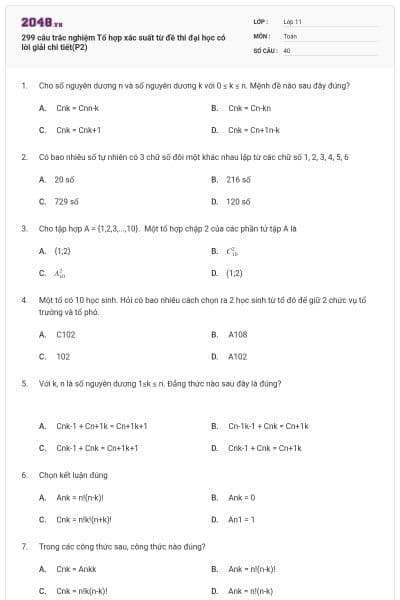 299 câu trắc nghiệm Tổ hợp xác suất từ đề thi đại học có lời giải chi tiết(P2)