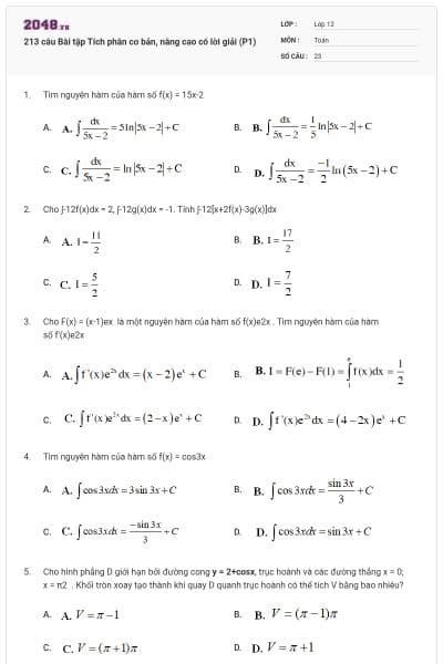 213 câu Bài tập Tích phân cơ bản, nâng cao có lời giải (P1)