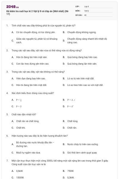 Đề kiểm tra cuối học kì 2 Vật lý 8 có đáp án (Mới nhất) (Đề 17)