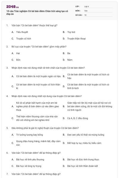 10 câu Trắc nghiệm Cô bé bán diêm Chân trời sáng tạo có đáp án