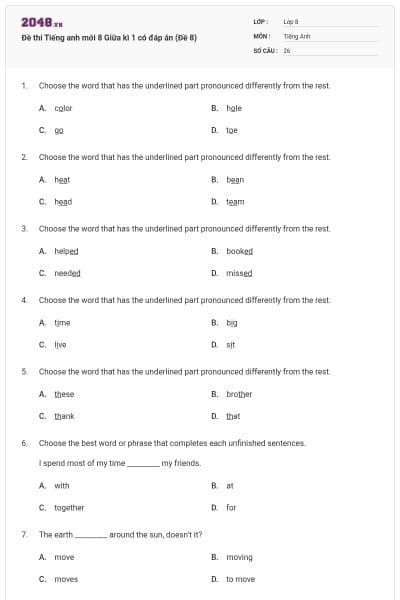 Đề thi Tiếng anh mới 8 Giữa kì 1 có đáp án (Đề 8)
