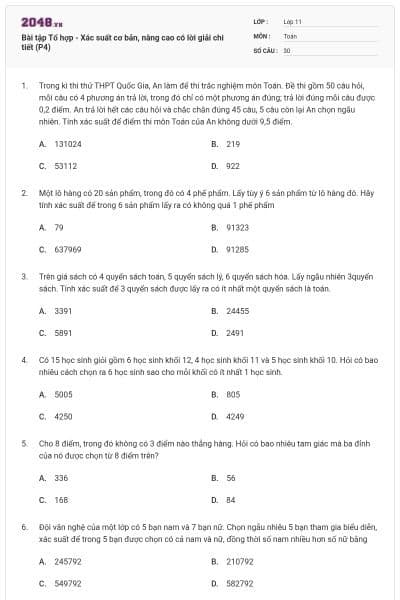 Bài tập Tổ hợp - Xác suất cơ bản, nâng cao có lời giải chi tiết (P4)