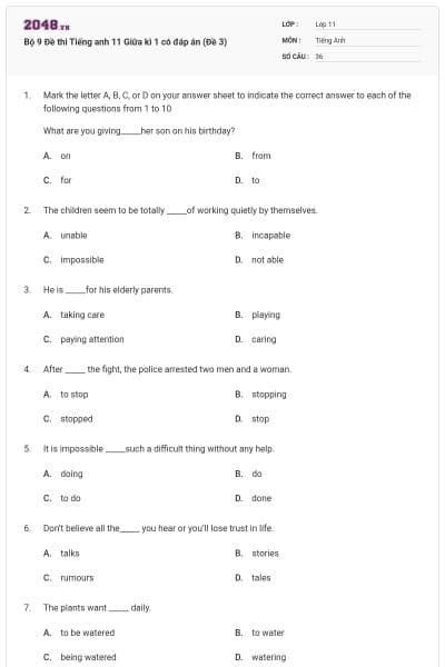 Bộ 9 Đề thi Tiếng anh 11 Giữa kì 1 có đáp án (Đề 3)