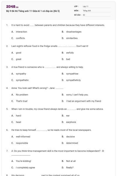 Bộ 9 Đề thi Tiếng anh 11 Giữa kì 1 có đáp án (Đề 5)