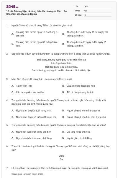 10 câu Trắc nghiệm Lễ cúng thần lúa của người Chơ – Ro Chân trời sáng tạo có đáp án