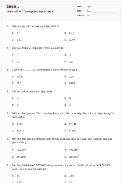 Đề thi cuối kì 1 Toán lớp 5 có đáp án - Đề 1