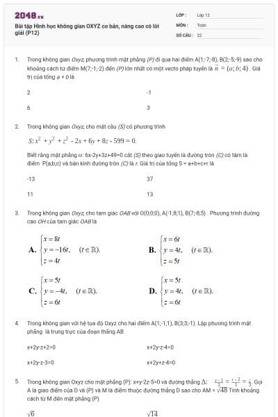 Bài tập Hình học không gian OXYZ cơ bản, nâng cao có lời giải (P12)