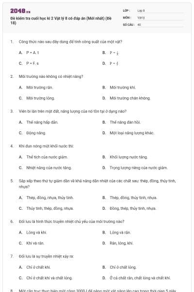 Đề kiểm tra cuối học kì 2 Vật lý 8 có đáp án (Mới nhất) (Đề 18)